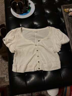 We The Free Molly Puffed Sleeve Button Front Cropped Top Ivory Small